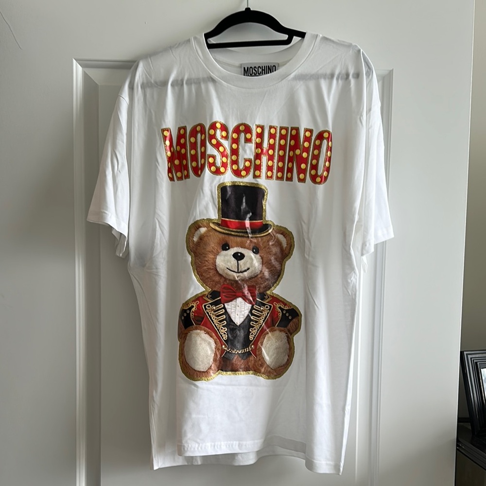 Moschino White Tee with Bear and Red-Gold Accents